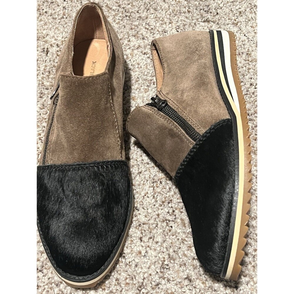 ALL BLACK Womens Cap Toe Zip Shoe Size 41 Pony Hair Black Brown Suede EUC